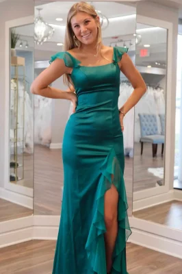 Custom Emerald Green Chiffon Square Neck Prom Dresses With Ruffles
