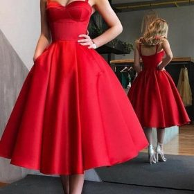 Custom Elegant Red Tea Length Midi Prom Dresses