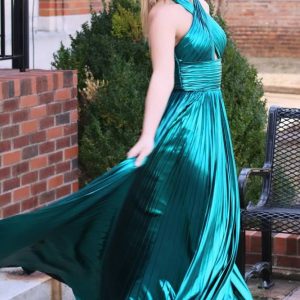 Custom Emerald Green Metallic Prom Dress with Keyhole Neckline and Slit