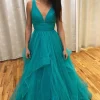 Custom Long Prom Dress with Sexy Tulle Ruffled Design and Criss Cross Back