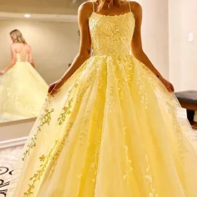 Custom Yellow Tulle A-Line Prom Dresses with Spaghetti Straps and Lace Appliques