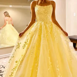 Custom Yellow Tulle A-Line Prom Dresses with Spaghetti Straps and Lace Appliques