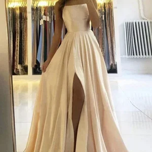 Custom A-Line Satin Long Prom Dress With Split