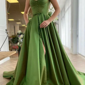 Custom womens a line princess satin straps sweep brush train long prom dresses