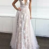Custom womens a line princess tulle v neck sweep brush train long prom dresses with beading