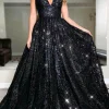 Custom womens glittering a line princess sequin v neck sweep brush train long prom dresses