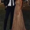 Custom womens a line princess tulle v neck floor length long prom dresses with paillette