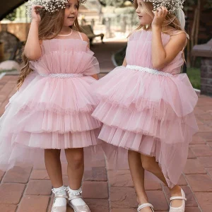 Custom ball gown illusion neck flower girl dresses with beading