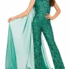 Custom one shoulder sleeveless girls jumpsuits with sequins watteau train
