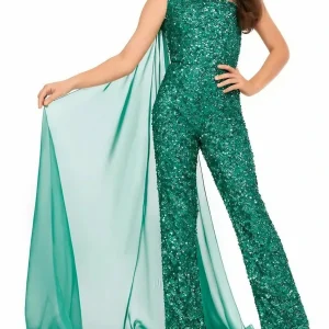 Custom one shoulder sleeveless girls jumpsuits with sequins watteau train