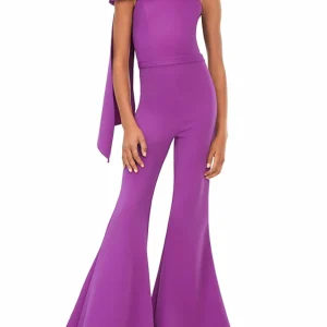 Custom one shoulder girls prom jumpsuits with bowknot