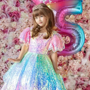 Custom ball gown princess rainbow unicorn sequins little girl party dresses