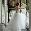 Custom a line princess sheer neck tulle flower girl dresses with applique