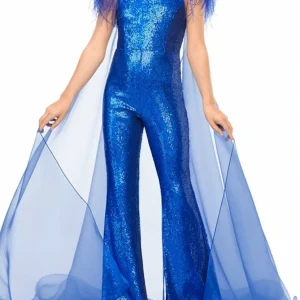 Custom v neck sequins party girls jumpsuits with feather watteau train