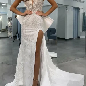 Custom sheath column spaghetti straps v neck wedding dress with sequins split side