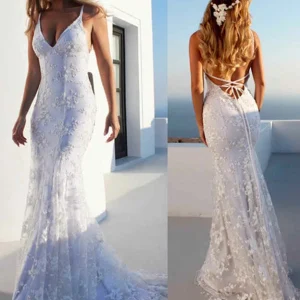 Custom trumpet mermaid spaghetti straps floor length wedding dress