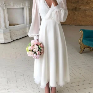 Custom a line princess v neck tea length wedding dress