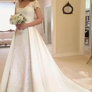 Custom a line princess v neck floor length wedding dress