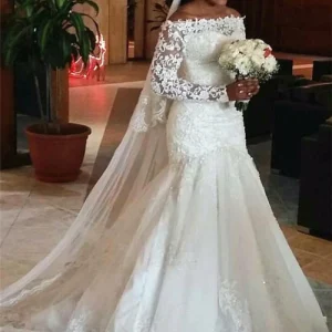 Custom sheath column off the shoulder floor length wedding dress