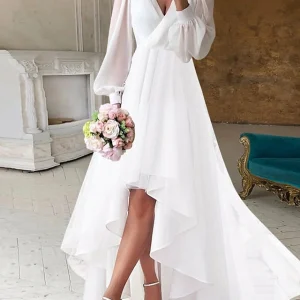Custom a line princess v neck asymmetrical wedding dress