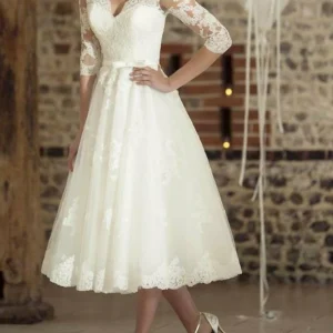 Custom a line princess v neck tea length wedding dress