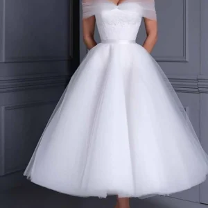 Custom ball gown off the shoulder tea length wedding dress