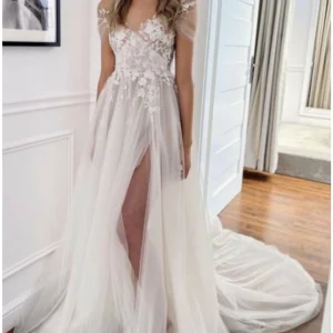 Custom a line princess v neck floor length wedding dress