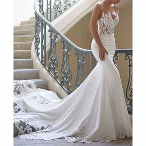 Custom trumpet mermaid v neck floor length wedding dress