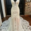Custom trumpet mermaid v neck floor length lace wedding dress
