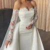 Custom sheath column off the shoulder floor length lace wedding dress