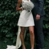 Custom a line princess v neck mini wedding dress with bow