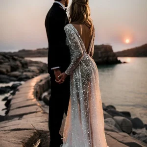 Custom a line princess v neck long sleeves sequins wedding dress
