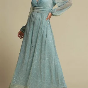 Custom a line princess v neck floor length long sleeves party dresses wedding guest dress