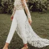 Custom long sleeves scoop wedding pant suit styles with flower