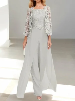 Custom chiffon long sleeves mother of the bride pantsuits with jacket lace