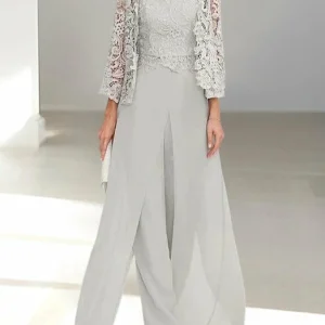 Custom chiffon long sleeves mother of the bride pantsuits with jacket lace