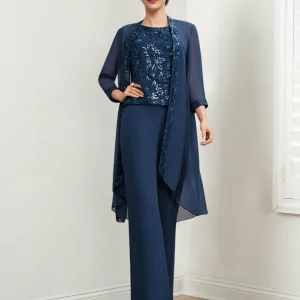 Custom chiffon mother of the bride pantsuits with sequins jacket