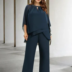 Custom chiffon jewel neck mother of the bride pantsuits