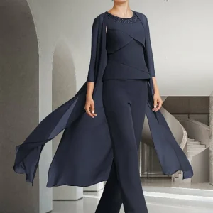 Custom chiffon jewel neck mother of the bride pantsuits with jacket