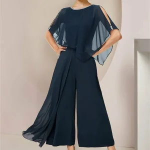 Custom copy of chiffon scoop long sleeves mother of the bride pantsuits with belt