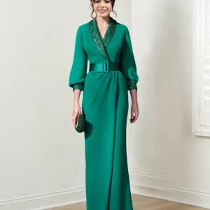 Custom sheath column v neck long sleeves mother of the bride dresses with belt