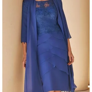 Custom sheath column jewel neck short sleeves tea length mother of the bride dresses with lace