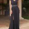 Custom a line princess v neck off the shoulder sleeveless floor length mother of the bride dresses with split