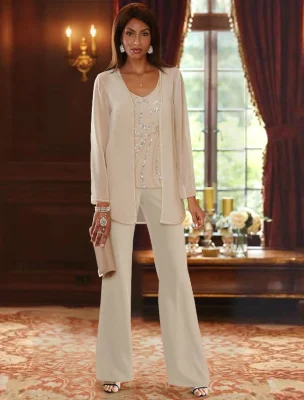 Custom chiffon v neck 3 pieces mother of the bride pantsuits with jacket sequins
