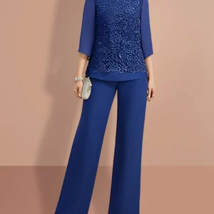 Custom chiffon 3 4 length sleeves jewel neck mother of the bride pantsuits