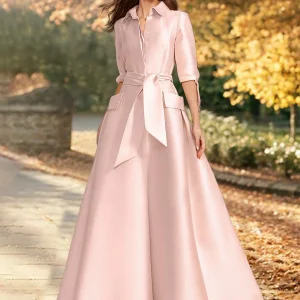 Custom a line princess v neck 1 2 sleeves floor length evening dresses with sash