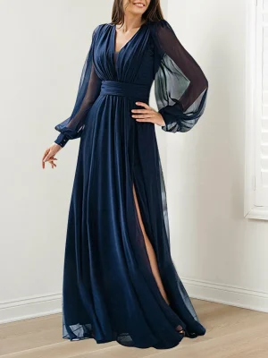 Custom a line princess v neck long sleeves floor length evening dresses