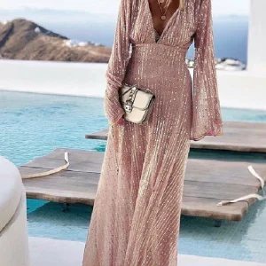 Custom a line princess v neck long sleeves prom evening dresses with sequins