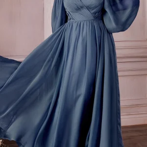 Custom a line princess v neck long sleeves floor length long prom dresses