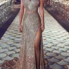 Custom sheath column one shoulder floor length long prom dresses with split side